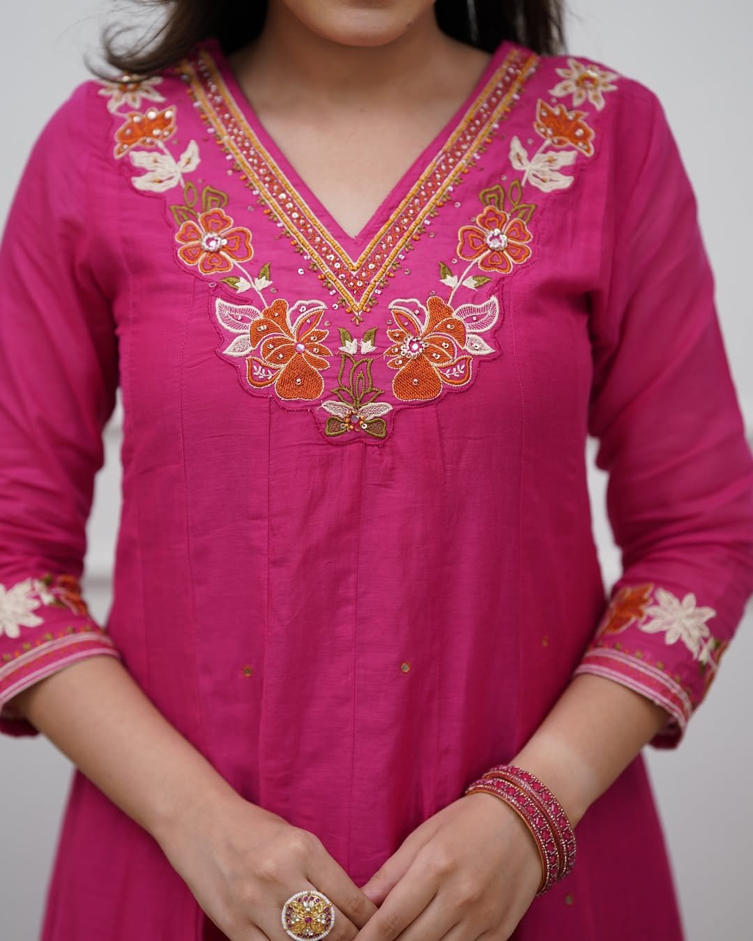Pink Cotton Anarkali Suit Set with Mirror Work